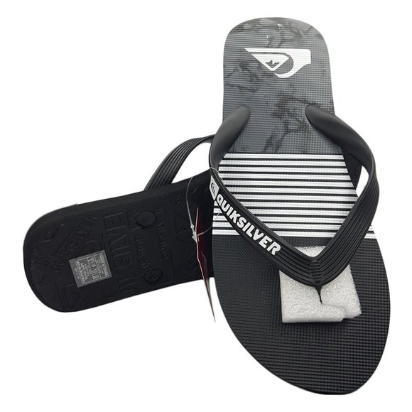 NWT QUIKSILVER AUTHENTIC MEN\'S BLACK GRAY BEACH WAVE THONG FLIP FLOPS SANDALS